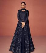 Navy blue embroidered faux georgette semi stitched anarkali suit