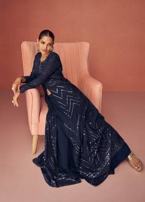 Navy blue embroidered faux georgette semi stitched anarkali suit 2
