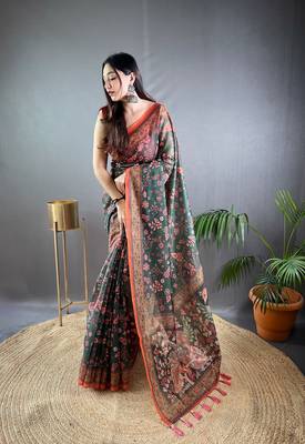Green Cotton Blend Woven Work &  Rich Pallu Saree With Blouse 1