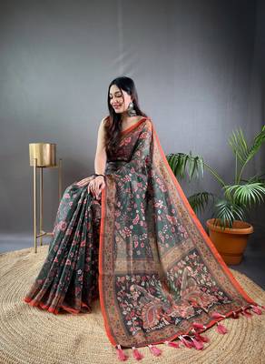 Green Cotton Blend Woven Work &  Rich Pallu Saree With Blouse 2