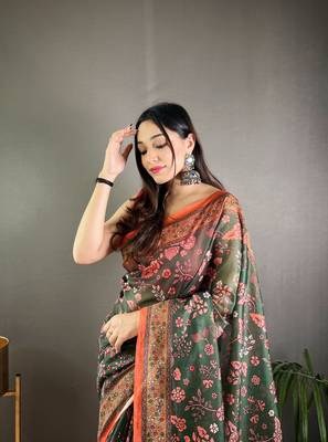 Green Cotton Blend Woven Work &  Rich Pallu Saree With Blouse 3