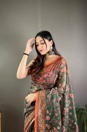 Green Cotton Blend Woven Work &  Rich Pallu Saree With Blouse
