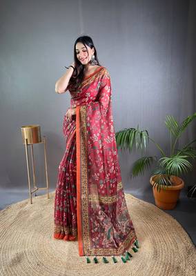 Maroon Cotton Blend Designer Zari Weaving Rich Pallu Saree With Blouse 1