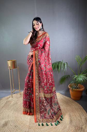 Maroon Cotton Blend Designer Zari Weaving Rich Pallu Saree With Blouse