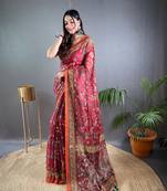 Maroon Cotton Blend Designer Zari Weaving Rich Pallu Saree With Blouse