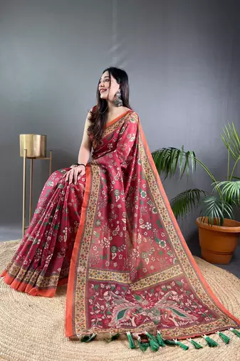 Maroon Cotton Blend Designer Zari Weaving Rich Pallu Saree With Blouse