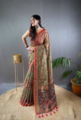 Mehendi Cotton Blend Designer Zari Weaving Rich Pallu Saree With Blouse 1