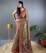 Mehendi Cotton Blend Designer Zari Weaving Rich Pallu Saree With Blouse
