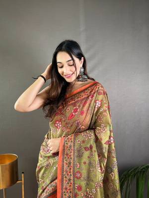 Mehendi Cotton Blend Designer Zari Weaving Rich Pallu Saree With Blouse 2