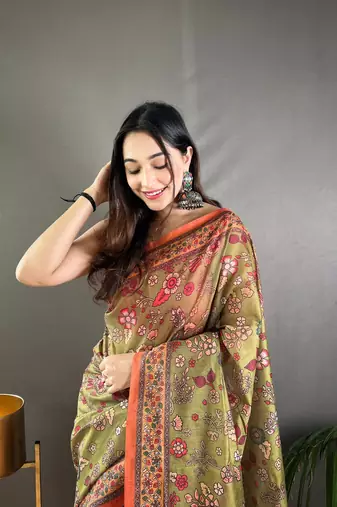 Mehendi Cotton Blend Designer Zari Weaving Rich Pallu Saree With Blouse