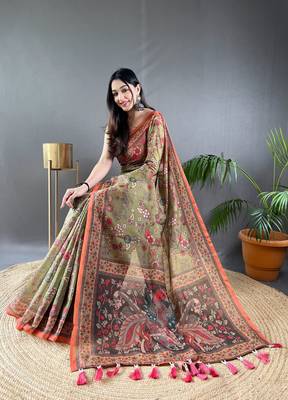 Mehendi Cotton Blend Designer Zari Weaving Rich Pallu Saree With Blouse 3