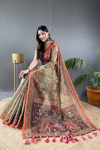 Mehendi Cotton Blend Designer Zari Weaving Rich Pallu Saree With Blouse