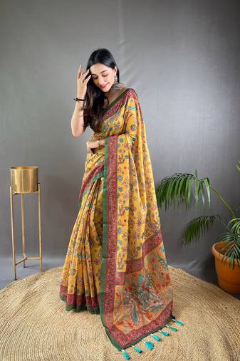 Yellow Cotton Blend Designer Zari Weaving Rich Pallu Saree With Blouse