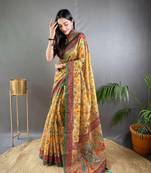 Yellow Cotton Blend Designer Zari Weaving Rich Pallu Saree With Blouse