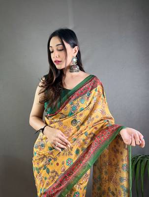 Yellow Cotton Blend Designer Zari Weaving Rich Pallu Saree With Blouse 2