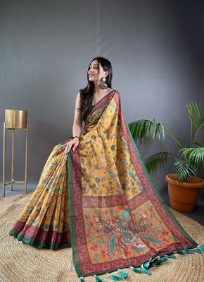 Yellow Cotton Blend Designer Zari Weaving Rich Pallu Saree With Blouse 3