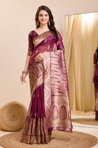 Purple Printed Organza Saree With Blouse