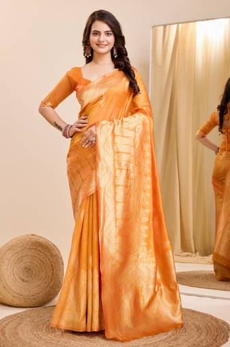 Yellow Printed Organza Saree With Blouse