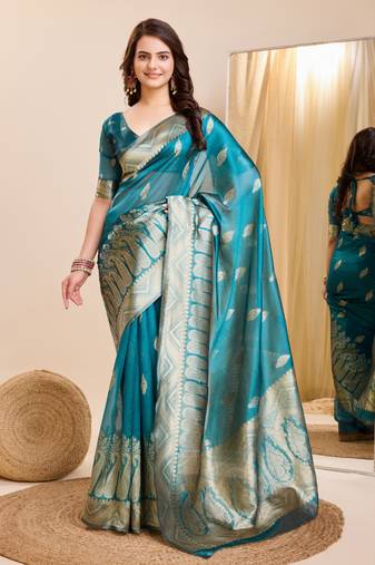 Blue Printed Organza Saree With Blouse