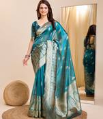 Blue Printed Organza Saree With Blouse