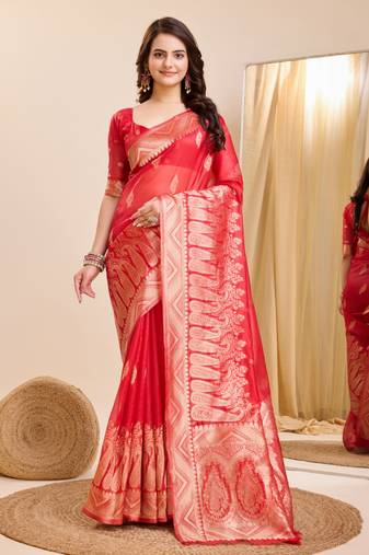 Red Printed Organza Saree With Blouse