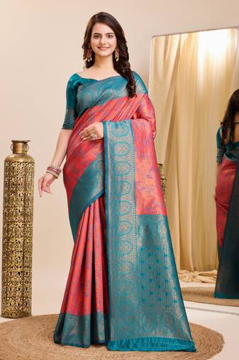 Peach Printed Banarasi silk blend Saree With Blouse