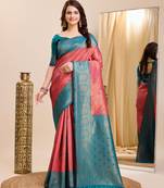 Peach Printed Banarasi silk blend Saree With Blouse