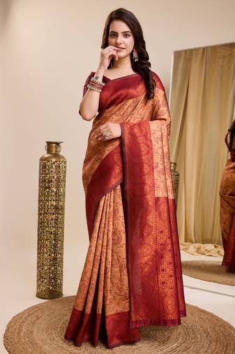 Copper Printed Banarasi silk blend Saree With Blouse