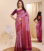 Purple Printed Banarasi silk blend Saree With Blouse