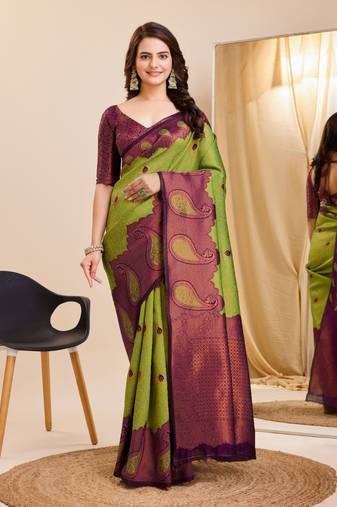 Light Green Printed Banarasi silk blend Saree With Blouse