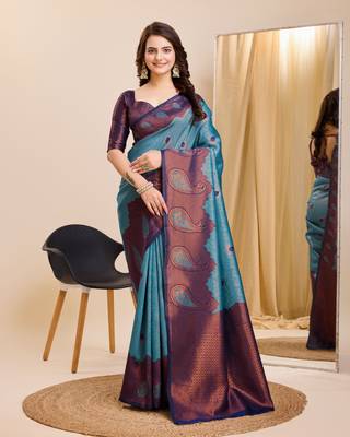 Blue Printed Banarasi silk blend Saree With Blouse 1