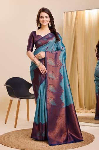 Blue Printed Banarasi silk blend Saree With Blouse