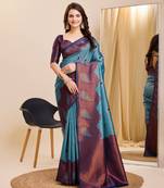Blue Printed Banarasi silk blend Saree With Blouse