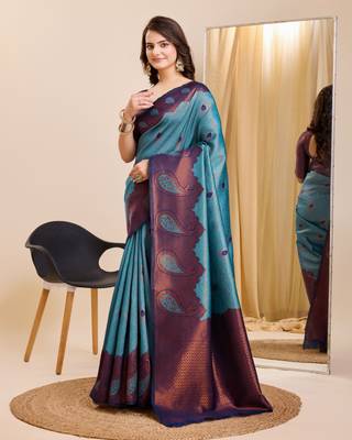 Blue Printed Banarasi silk blend Saree With Blouse 2