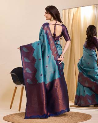 Blue Printed Banarasi silk blend Saree With Blouse 3