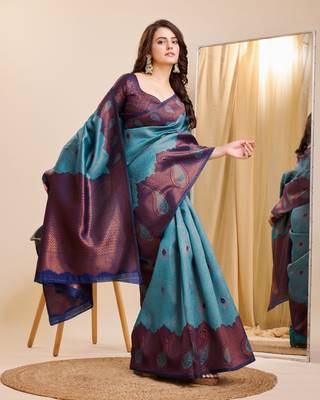 Blue Printed Banarasi silk blend Saree With Blouse 4