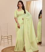 Olive Printed Poly Silk Blend Saree With Blouse