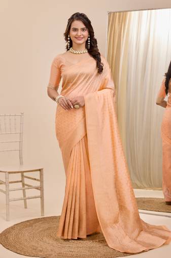 Peach Printed Poly Silk Blend Saree With Blouse