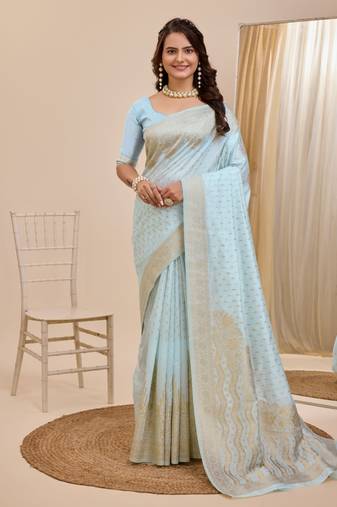 Light Blue Printed Poly Silk Blend Saree With Blouse