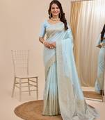 Light Blue Printed Poly Silk Blend Saree With Blouse
