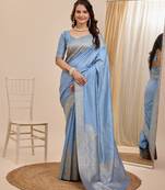 Blue Printed Poly Silk Blend Saree With Blouse