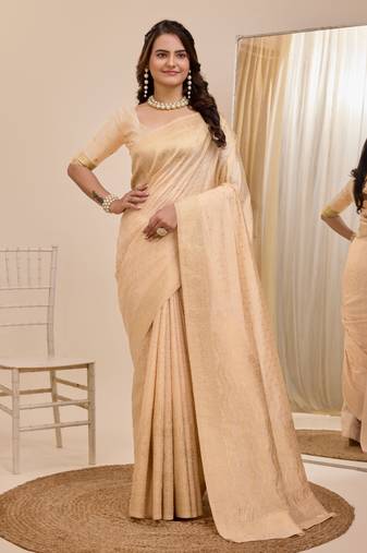Cream Printed Poly Silk Blend Saree With Blouse