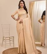 Cream Printed Poly Silk Blend Saree With Blouse