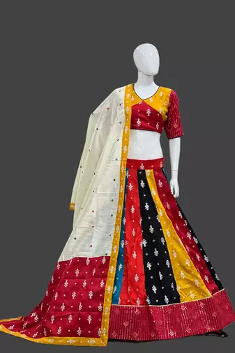 MULTICOLORED ART SILK EMBROIDERD NAVRATRI SPECIAL SEMI-STITCHED CHANIYA CHOLI 