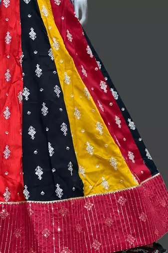MULTICOLORED ART SILK EMBROIDERD NAVRATRI SPECIAL SEMI-STITCHED CHANIYA CHOLI 