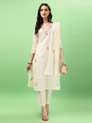 White Women Embroidered Pure Cotton Straight Kurta Pant Dupatta Set 1