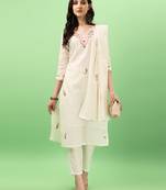 White Women Embroidered Pure Cotton Straight Kurta Pant Dupatta Set