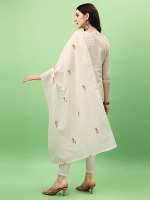 White Women Embroidered Pure Cotton Straight Kurta Pant Dupatta Set 2
