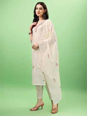 White Women Embroidered Pure Cotton Straight Kurta Pant Dupatta Set 3
