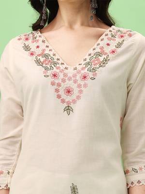 White Women Embroidered Pure Cotton Straight Kurta Pant Dupatta Set 4